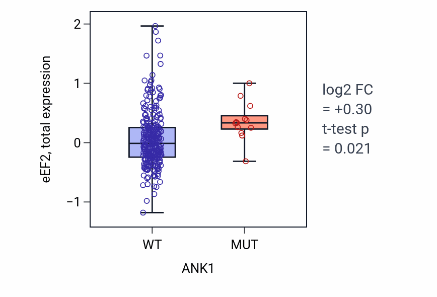 Box plot of eEF2 in ANK1-low vs ANK1-high samples in STAD.