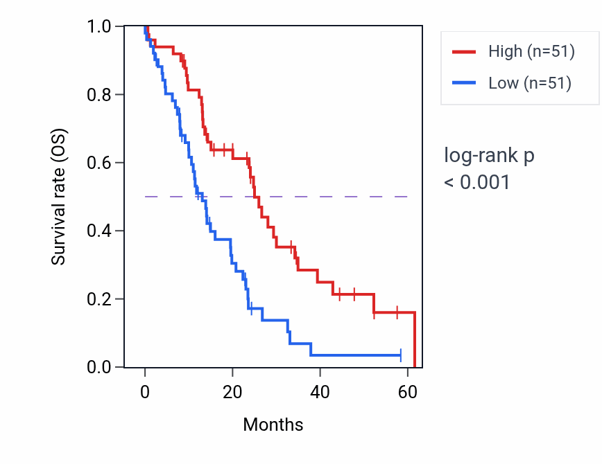 Kaplan&ndash;Meier survival curve for ANK2 mass-spec protein-high vs -low samples in PDAC.