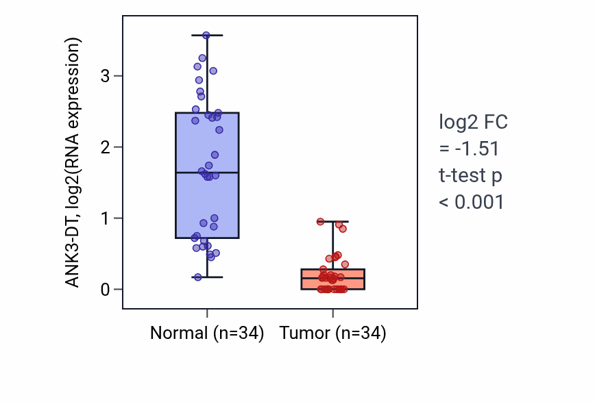 Tumor-vs-normal expression box plot for ANK3-DT RNA in KIRC.
