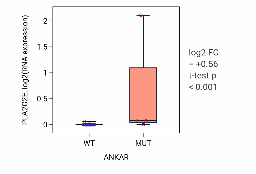 Box plot of PLA2G2E in ANKAR-low vs ANKAR-high samples in LUNG_SCLC.