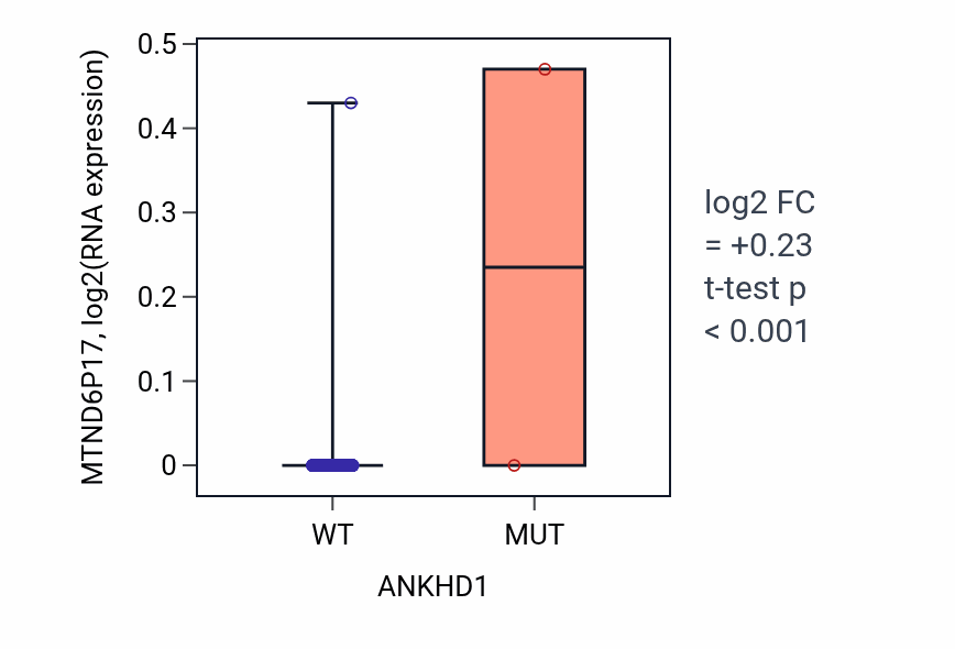 Box plot of MTND6P17 in ANKHD1-low vs ANKHD1-high samples in BLCA.