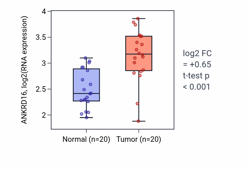 Tumor-vs-normal expression box plot for ANKRD16 in KIRC.