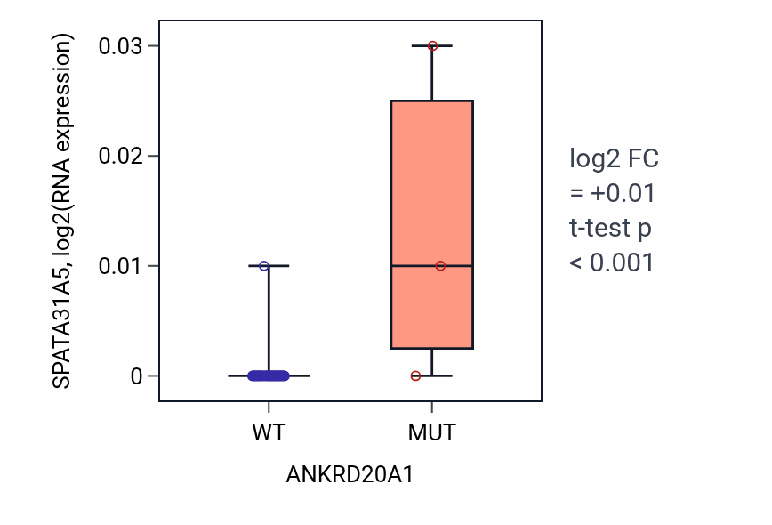 Box plot of SPATA31A5 in ANKRD20A1-low vs ANKRD20A1-high samples in LUNG_SCLC.