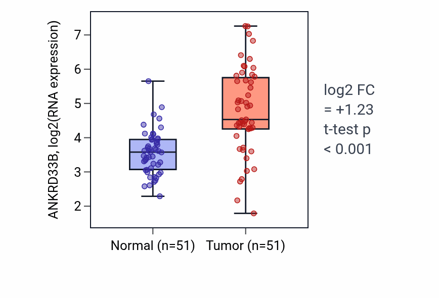 Tumor-vs-normal expression box plot for ANKRD33B in KIRC.