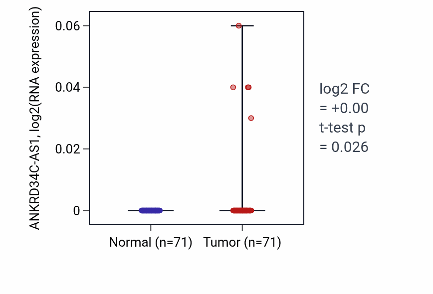 Tumor-vs-normal expression box plot for ANKRD34C-AS1 in KIRC.