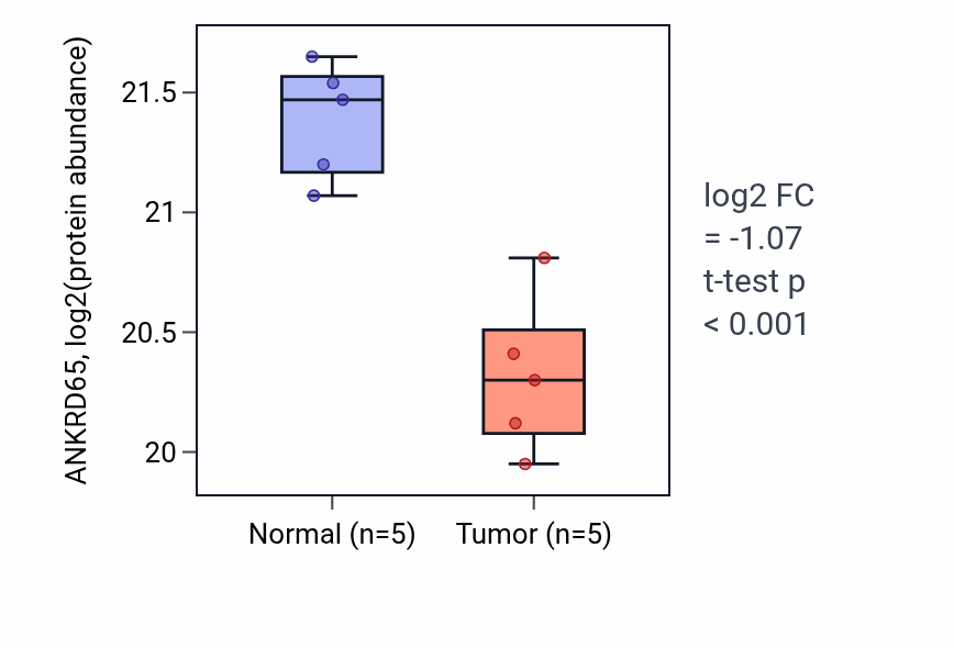 Tumor-vs-normal mass-spec protein box plot for ANKRD65 in LUAD.
