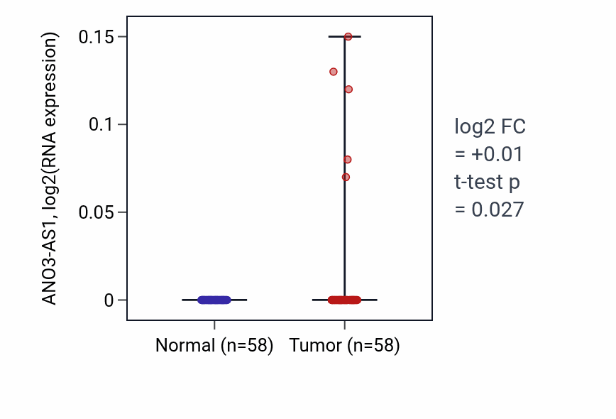 Tumor-vs-normal expression box plot for ANO3-AS1 in THCA.