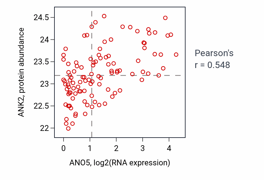 Per-sample scatter of ANO5 vs ANK2 in HNSC (Pearson r = 0.55).