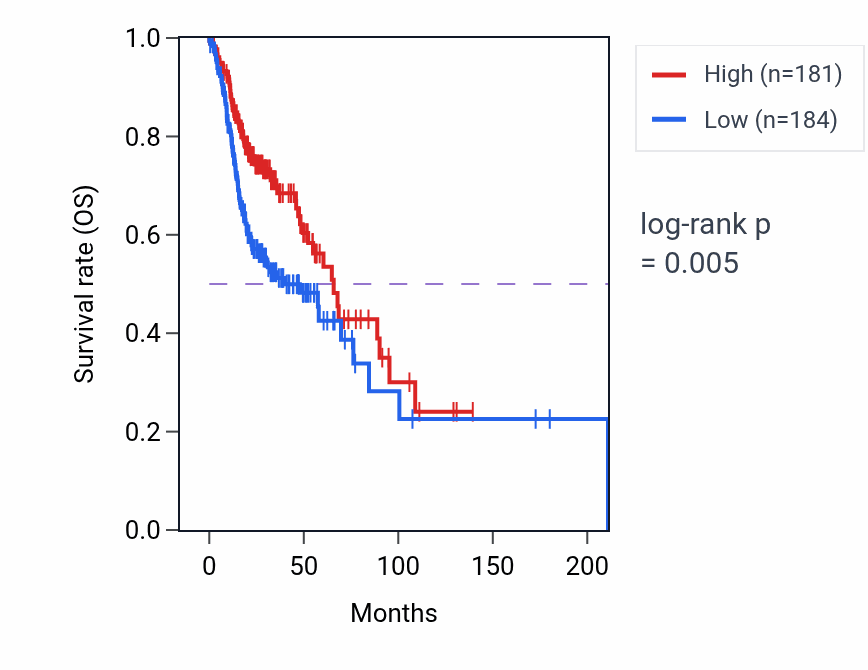 Kaplan&ndash;Meier survival curve for ANO8 RNA expression in HNSC: high vs low expression groups.