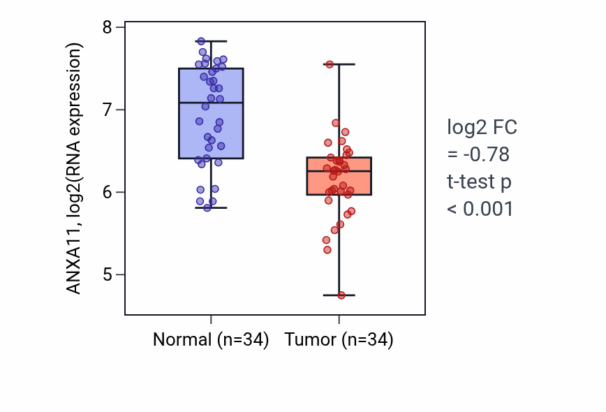 Tumor-vs-normal expression box plot for ANXA11 in KIRC.