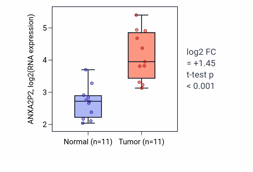 Tumor-vs-normal expression box plot for ANXA2P2 in KIRP.