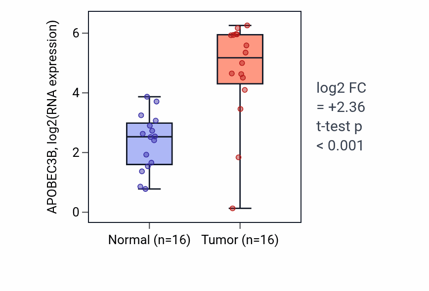 Tumor-vs-normal expression box plot for APOBEC3B in HNSC.