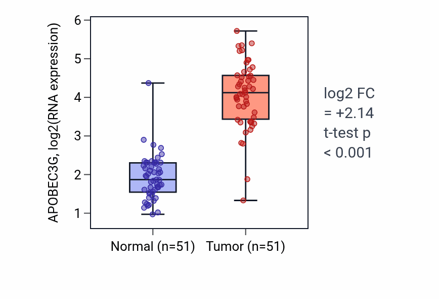Tumor-vs-normal expression box plot for APOBEC3G in KIRC.