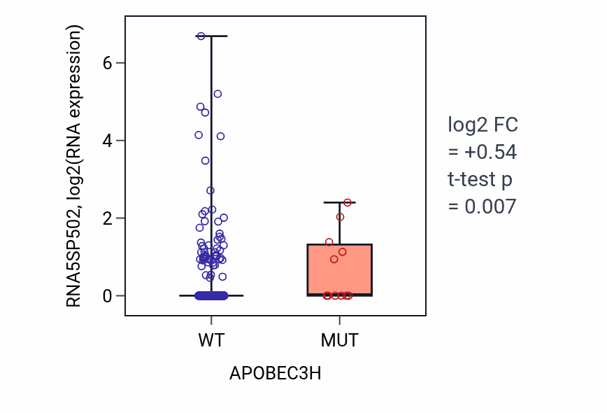 Box plot of RNA5SP502 in APOBEC3H-low vs APOBEC3H-high samples in UCEC.