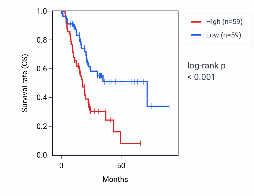 Kaplan&ndash;Meier survival curve for ARF6 RNA expression in PAAD: high vs low expression groups.