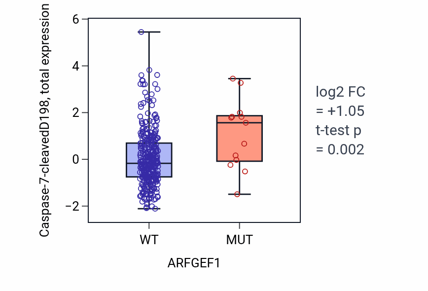 Box plot of Caspase-7-cleavedD198 in ARFGEF1-low vs ARFGEF1-high samples in COAD.
