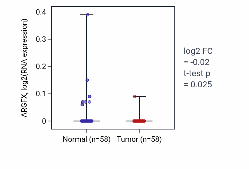 Tumor-vs-normal expression box plot for ARGFX in THCA.