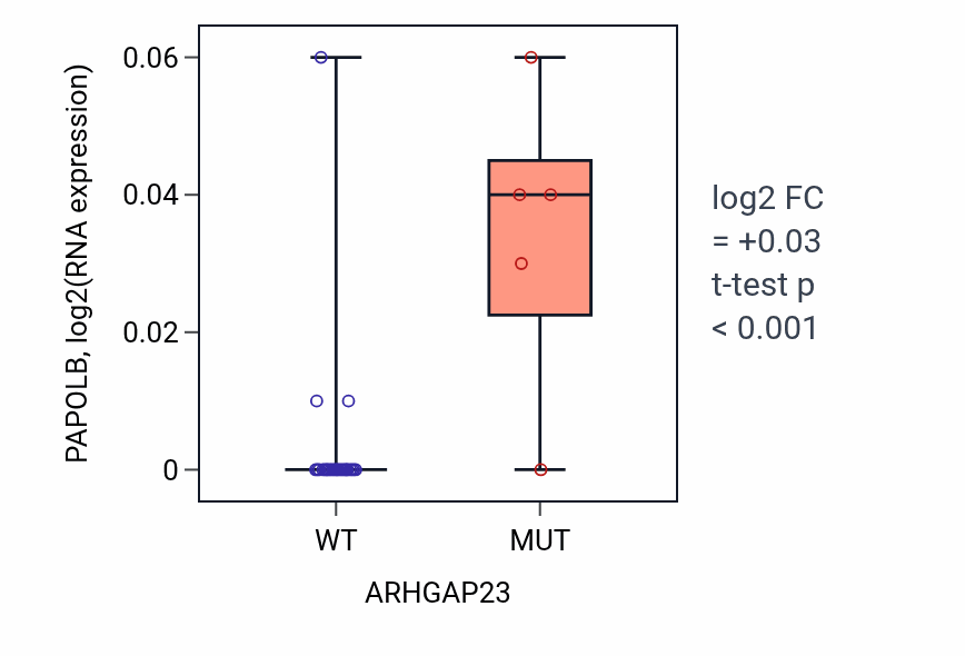Box plot of PAPOLB in ARHGAP23-low vs ARHGAP23-high samples in OESOPHAGUS.