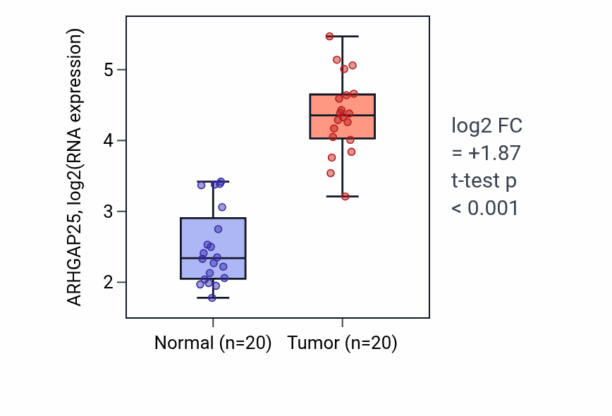 Tumor-vs-normal expression box plot for ARHGAP25 RNA in KIRC.