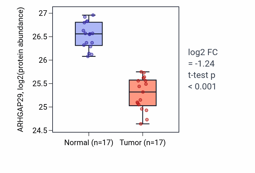 Tumor-vs-normal mass-spec protein box plot for ARHGAP29 in LSCC.