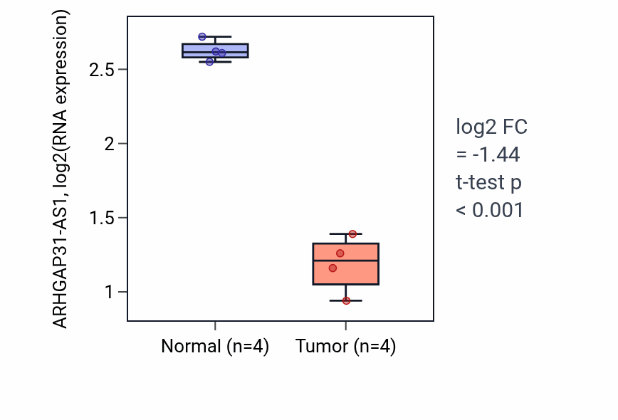 Tumor-vs-normal expression box plot for ARHGAP31-AS1 RNA in THCA.