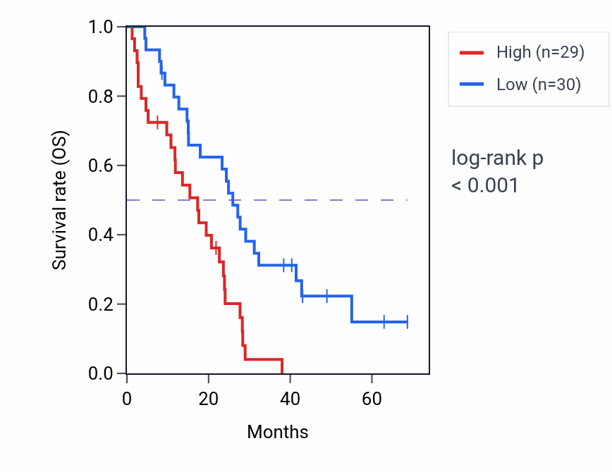 Kaplan&ndash;Meier survival curve for ARHGAP35 RNA expression in MESO: high vs low expression groups.