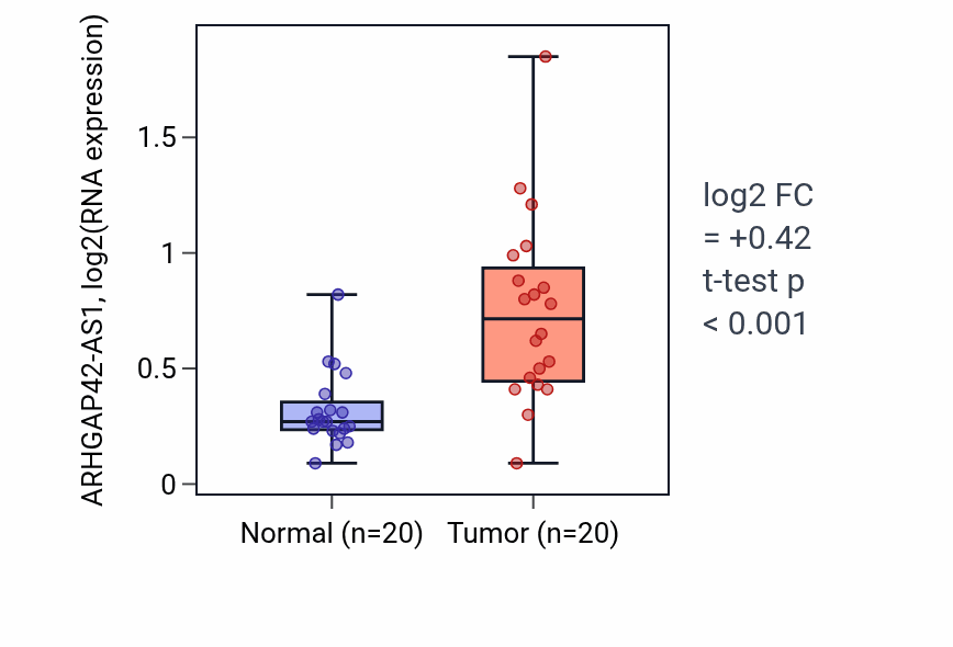 Tumor-vs-normal expression box plot for ARHGAP42-AS1 RNA in KIRC.
