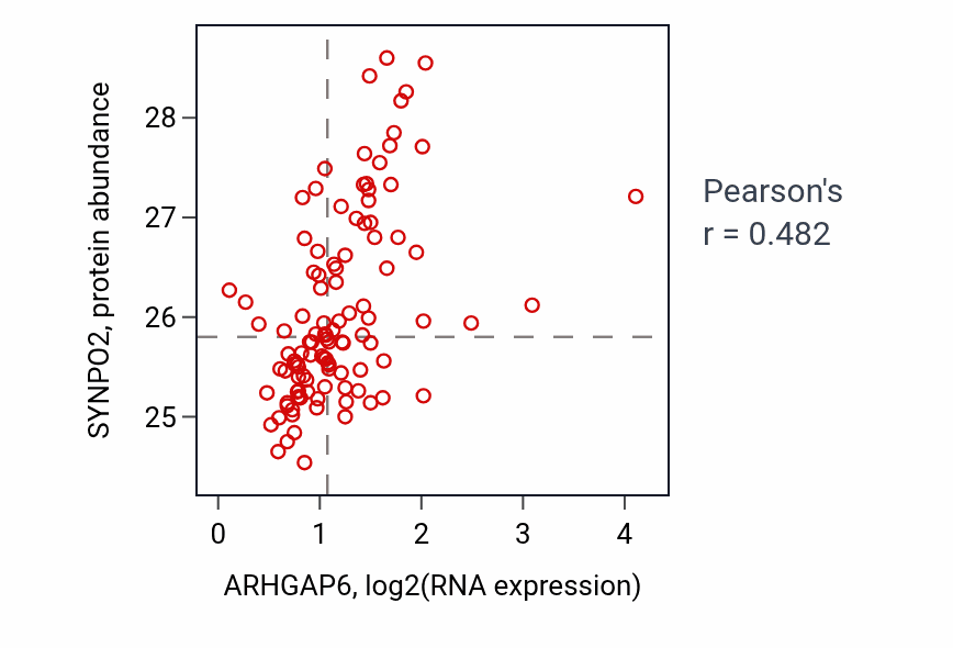 Per-sample scatter of ARHGAP6 vs SYNPO2 in HNSC (Pearson r = 0.48).