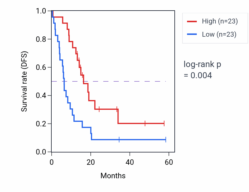 Kaplan&ndash;Meier survival curve for ARHGAP6 mass-spec protein-high vs -low samples in PDAC.