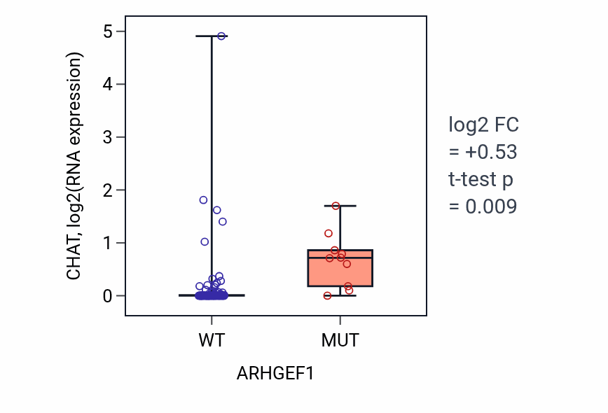 Box plot of CHAT in ARHGEF1-low vs ARHGEF1-high samples in BLOOD_Leukemia.