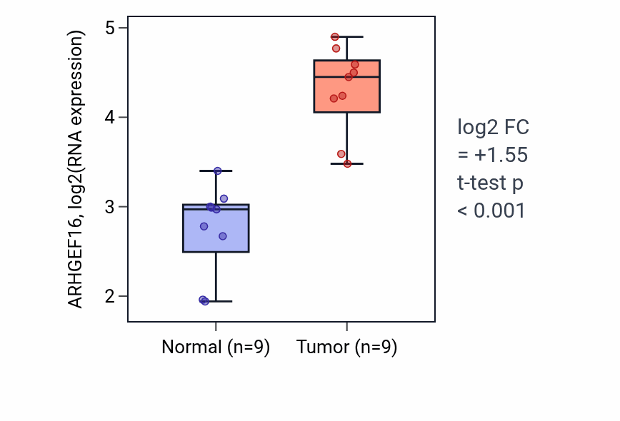 Tumor-vs-normal expression box plot for ARHGEF16 RNA in LUAD.
