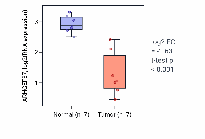 Tumor-vs-normal expression box plot for ARHGEF37 in THCA.