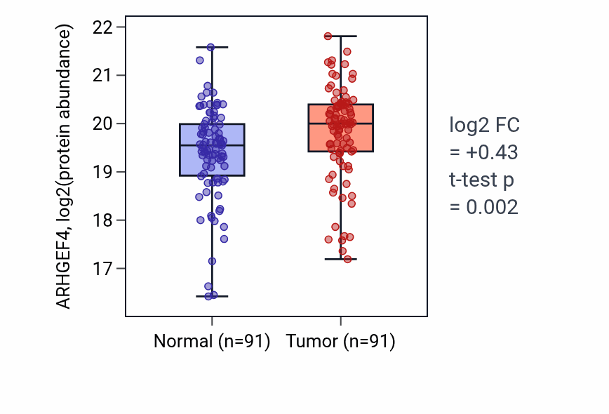 Tumor-vs-normal mass-spec protein box plot for ARHGEF4 in LSCC.