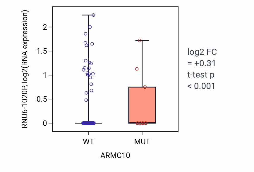 Box plot of RNU6-1020P in ARMC10-low vs ARMC10-high samples in UCEC.