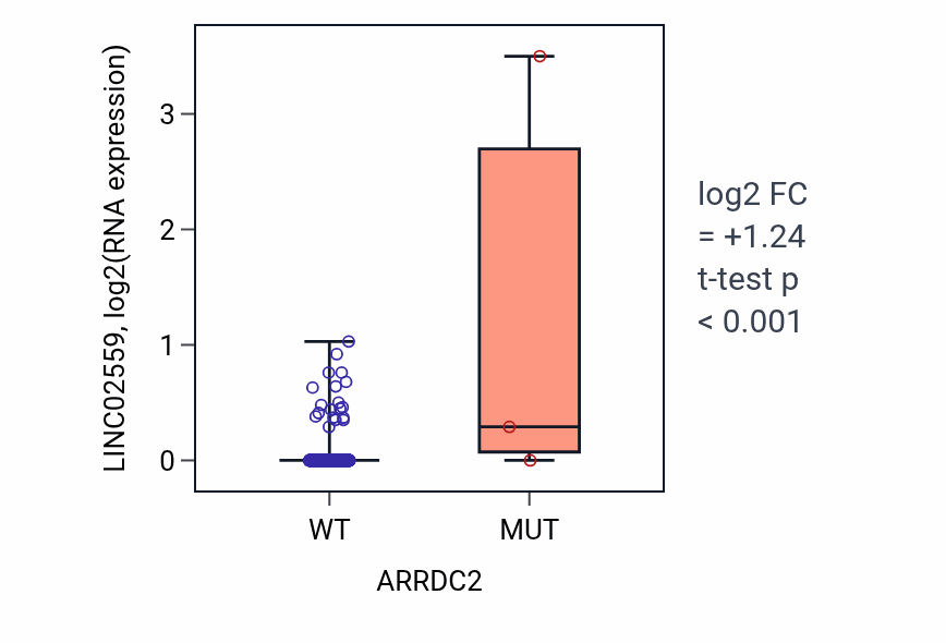 Box plot of LINC02559 in ARRDC2-low vs ARRDC2-high samples in HNSC.