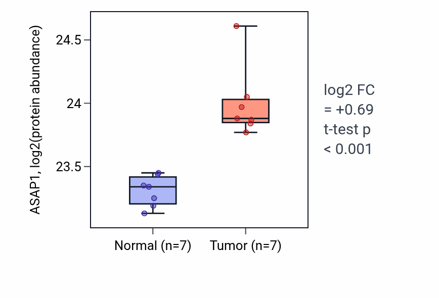Tumor-vs-normal mass-spec protein box plot for ASAP1 in CCRCC.