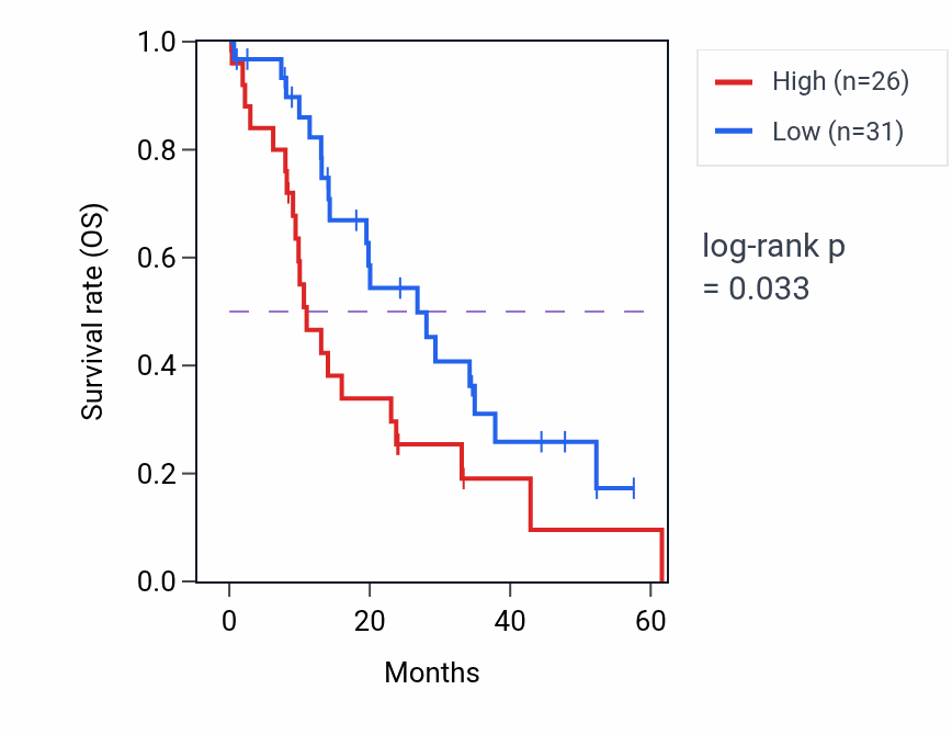 Kaplan&ndash;Meier survival curve for ASAP3 mass-spec protein-high vs -low samples in PDAC.