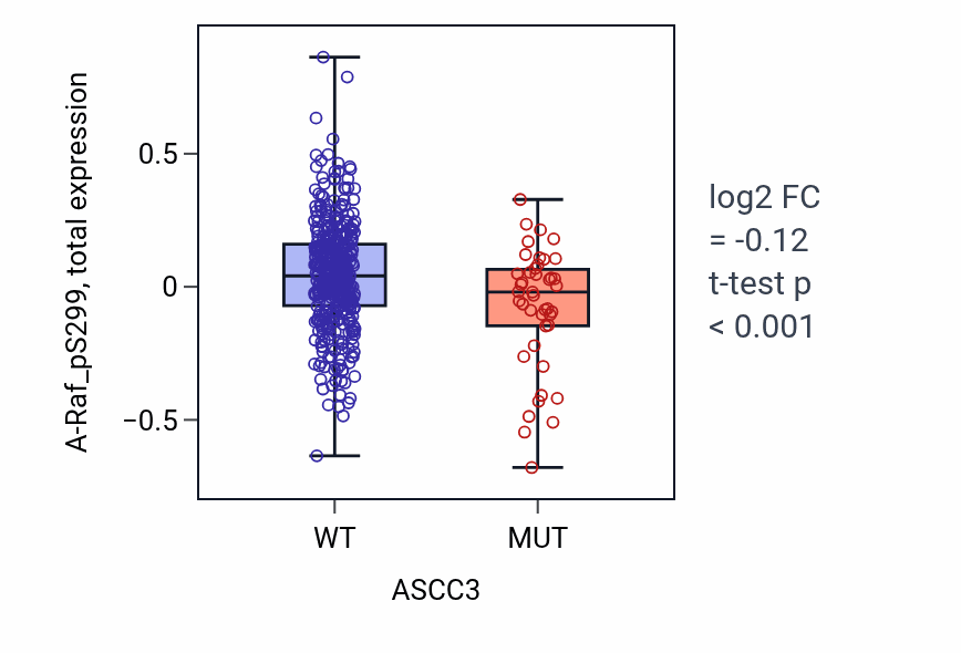 Box plot of A-Raf_pS299 in ASCC3-low vs ASCC3-high samples in UCEC.