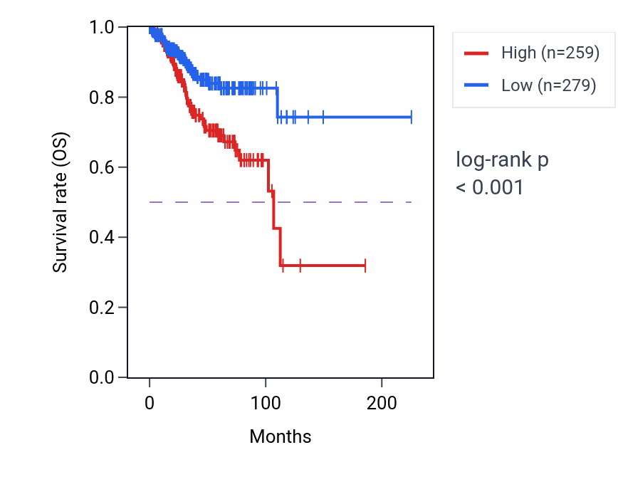 Kaplan&ndash;Meier survival curve for ASS1P13 RNA expression in UCEC: high vs low expression groups.