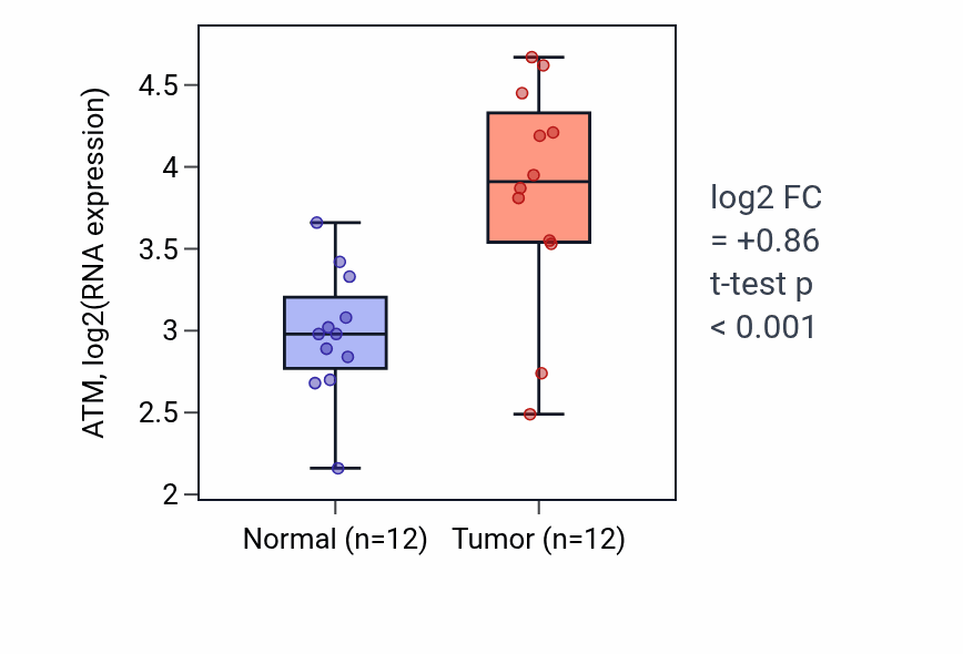 Tumor-vs-normal expression box plot for ATM in KIRC.