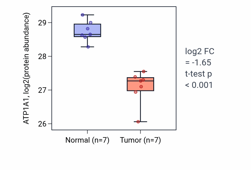 Tumor-vs-normal mass-spec protein box plot for ATP1A1 in CCRCC.