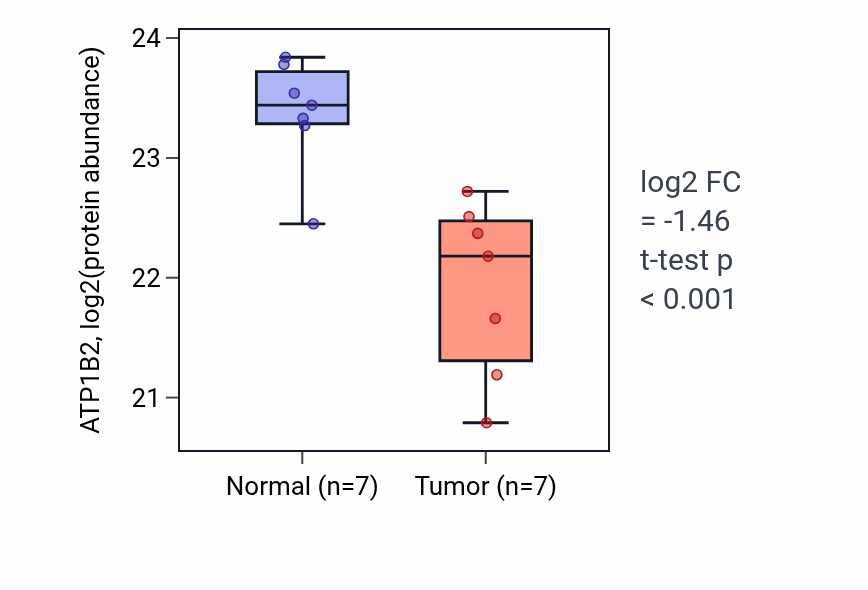 Tumor-vs-normal mass-spec protein box plot for ATP1B2 in COAD.