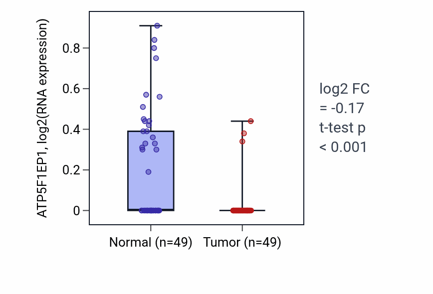 Tumor-vs-normal expression box plot for ATP5F1EP1 RNA in LUSC.