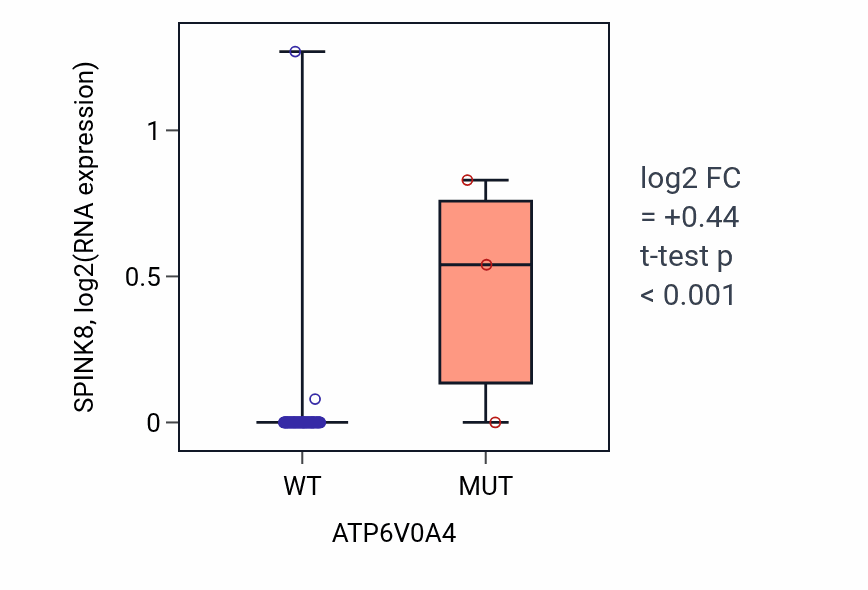 Box plot of SPINK8 in ATP6V0A4-low vs ATP6V0A4-high samples in LUNG_NSCLC_LUAD.