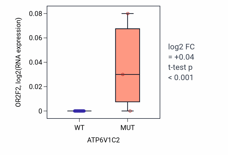Box plot of OR2F2 in ATP6V1C2-low vs ATP6V1C2-high samples in LUNG_NSCLC_LUAD.
