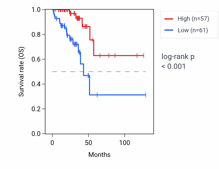 Kaplan&ndash;Meier survival curve for ATP8A2P2 RNA-high vs -low samples in READ.