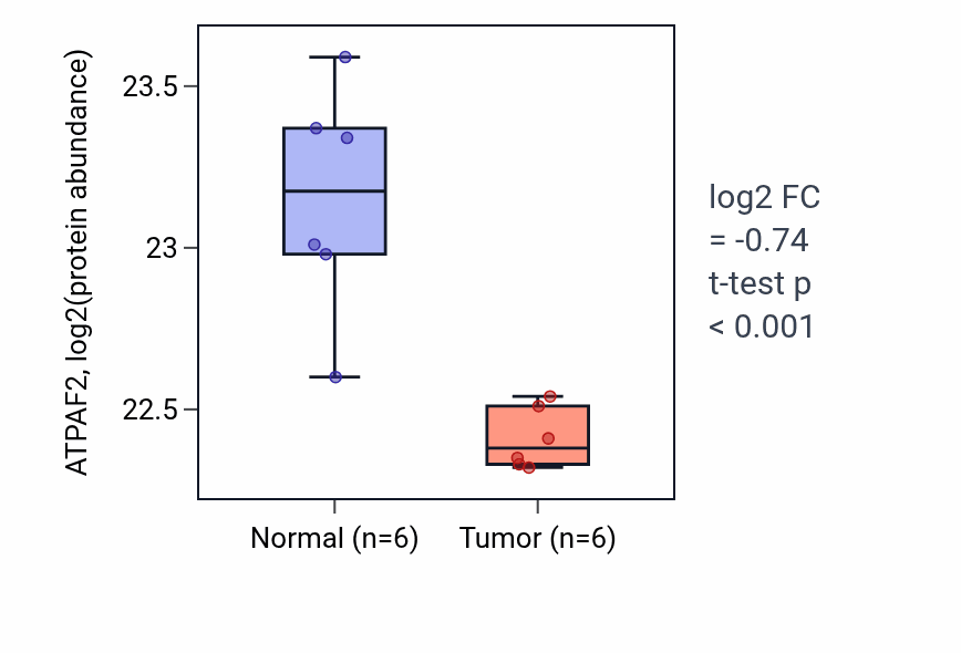 Tumor-vs-normal mass-spec protein box plot for ATPAF2 in HNSC.