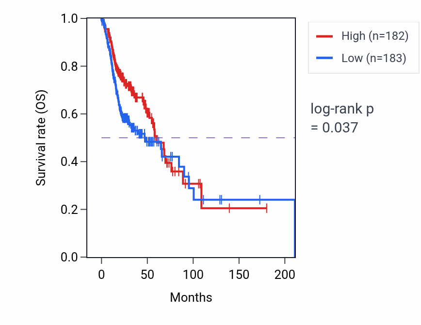 Kaplan&ndash;Meier survival curve for AVIL RNA expression in HNSC: high vs low expression groups.