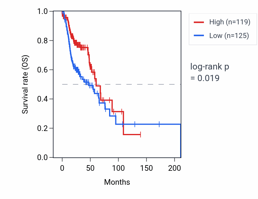 Kaplan&ndash;Meier survival curve for B3GALT5-AS1 RNA expression in HNSC: high vs low expression groups.