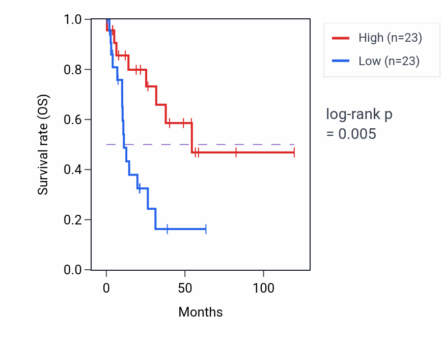 Kaplan&ndash;Meier survival curve for B4GALT1-AS1 RNA-high vs -low samples in LUSC.